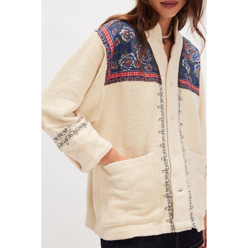 Free People Tony Long Sleeve Cardi Top Embroidered Knit Buttondown L NEW 284291